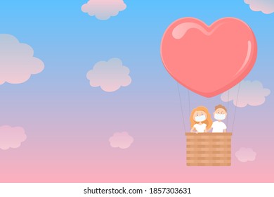 Couple in masks flying in heart shaped hot air balloon. Vector illustration.