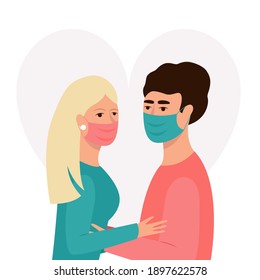 Un par de máscaras se están abrazando. La pareja mantiene la distancia. Mujeres y hombres están tratando de besar. Ilustración vectorial.