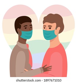 Couple in masks are hugging. Couple keep distance. Man and man are trying to kiss. LGBT love. Vector illustration.