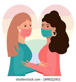 Couple in masks are hugging. Couple keep distance. Woman and woman are trying to kiss. LGBT love. Vector illustration.