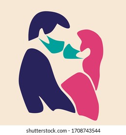 Couple in masks. Love in quarantine concept. Couple are kissing in masks. Colored isolated vector illustration. 