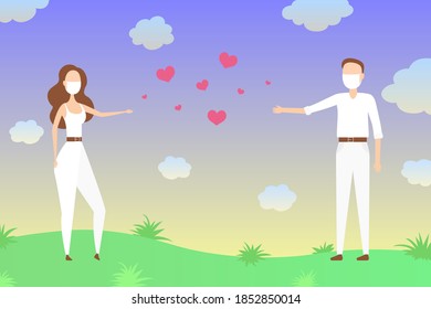 Couple in masks on date. Vector illustration. 