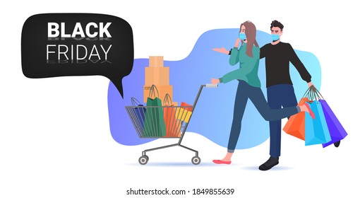 couple in masks pushing trolley cart full of shopping bags black friday big sale coronavirus quarantine concept full length horizontal vector illustration