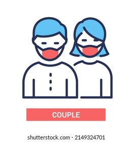 Pareja con máscaras - diseño de línea vectorial un único icono aislado sobre fondo blanco. Pictograma negro de alta calidad con colores rojo y azul. Imagen de hombre y mujer en protección respiratoria. Atención de salud