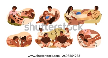 Couple massage in spa and at home, set. Woman and man, partners in love during body care, romantic wellness, back, shoulder and feet treatment. Flat vector illustration isolated on white background