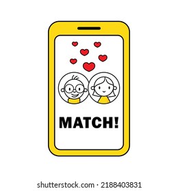 Couple match in online application on smartphone. Online dating concept. Virtual pair building. Vector stock illustration.