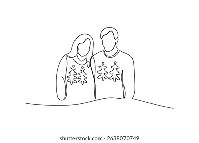 Couple in matching christmas sweaters line drawing