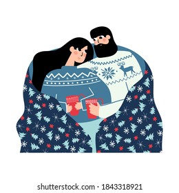 Couple In Matching Sweaters Sitting Together With Warm Cup Under Holiday Blanket. Cozy Christmas Hand Drawn Vector Illustration