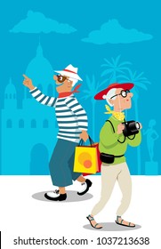 Couple of mature tourists exploring an exotic location, shopping and taking photos, EPS 8 vector illustration