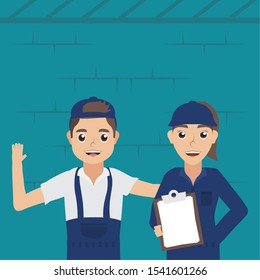 couple of mechanics workers characters vector illustration design
