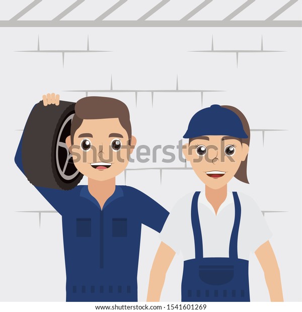 couple of mechanics workers characters vector\
illustration design