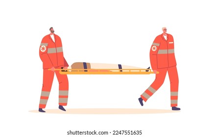 Couple of Medic Characters Carry Injured Person on Stretchers Isolated on White Background. First Aid, Help to Victim, Emergency Health Care Medical Service Concept. Cartoon People Vector Illustration