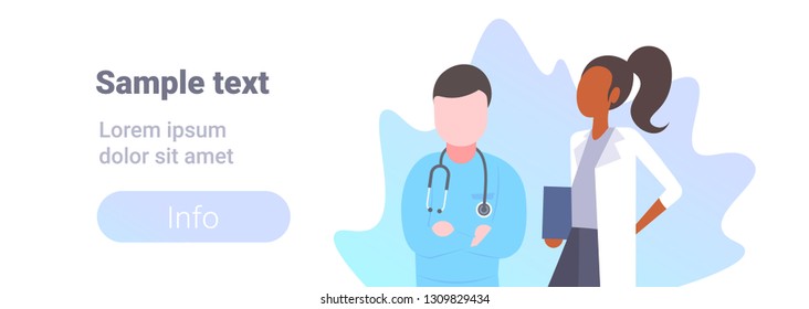 couple medical doctors team standing together mix race hospital workers man woman specialists in uniform male female cartoon characters portrait horizontal copy space