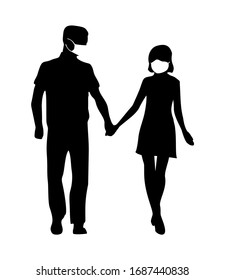 Couple in medical face mask hold hands. Front view people silhouette. Black vector flat icon isolated on white background.