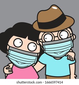 Couple With Medical Face Mask Hugging and cheering each other Up. Humans Protecting  themselves with Health Hygiene Mask. Pandemic Risk After Virus Peaks Concept.  Character illustration eps for card.