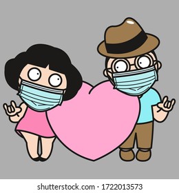 Couple with Medical Face Mask and Love Hand Sign Concept Card Character illustration