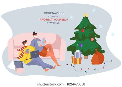 Couple in Medical Mask Celebrating Christmas and New Year during Quarantine.Christmas Party in Covid 19.Winter Holidays during Coronavirus.Stay Home.New Year.Self Isolation.Flat Vector Illustration