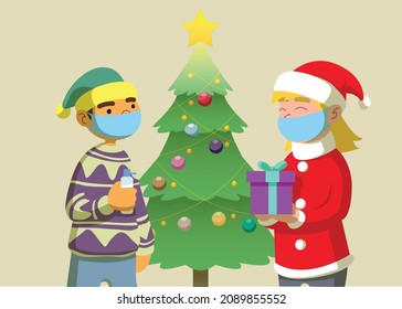 Couple in Medical Mask Celebrating Christmas and New Year during Quarantine. Christmas Party in Covid19