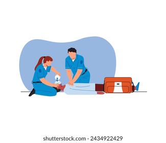 A couple of medical professional workers with supplies helping a patient with emergency condition. vector illustration design vector illustration design.