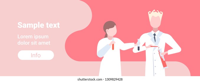 couple medical scientists analyzing liquid in test tube chemical laboratory workers man woman specialists in uniform male female cartoon characters portrait horizontal copy space flat