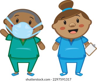 couple of medical workers health professionals cartoon characters in scrubs