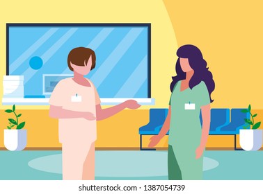 couple medicine workers in clinic reception
