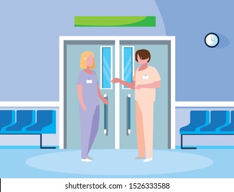 couple medicine workers in elevator door vector illustration design