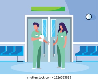 couple medicine workers in elevator door vector illustration design