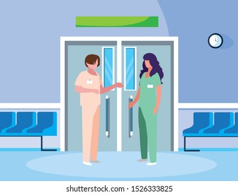 couple medicine workers in elevator door vector illustration design