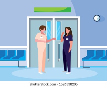 couple medicine workers in elevator door vector illustration design