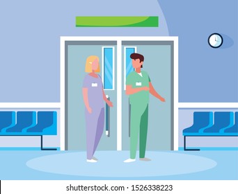 couple medicine workers in elevator door vector illustration design