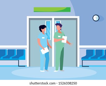 couple medicine workers in elevator door vector illustration design