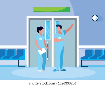 couple medicine workers in elevator door vector illustration design