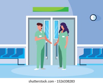 couple medicine workers in elevator door vector illustration design