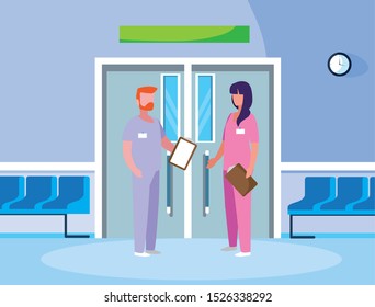 couple medicine workers in elevator door vector illustration design