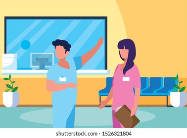 couple medicine workers in hospital reception vector illustration design