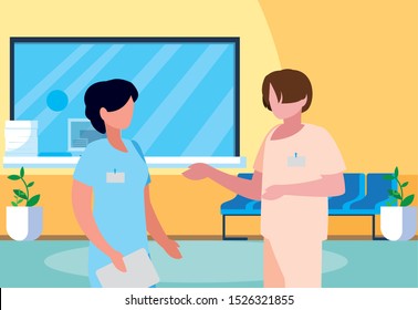 couple medicine workers in hospital reception vector illustration design