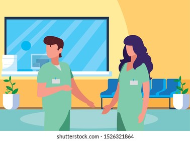 couple medicine workers in hospital reception vector illustration design