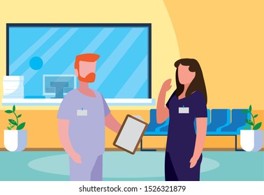 couple medicine workers in hospital reception vector illustration design