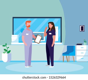 couple medicine workers in hospital reception vector illustration design