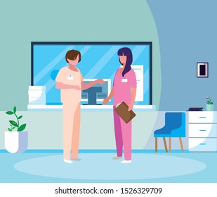 couple medicine workers in hospital reception vector illustration design