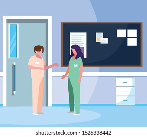 couple medicine workers with uniform in hospital corridor vector illustration design