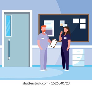 couple medicine workers with uniform in hospital corridor vector illustration design