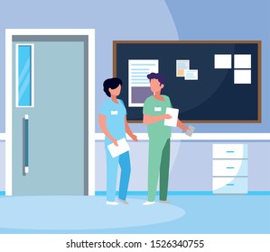 couple medicine workers with uniform in hospital corridor vector illustration design