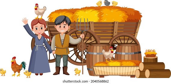 Couple medieval peasants with haystack in a cart illustration