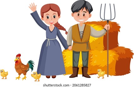 Couple medieval peasants with haystack illustration