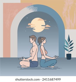 Couple meditating indoor, under calm moonlight