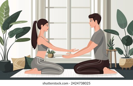 A couple meditating in the room. Young girl and young man sit opposite each other and reach out their hands. A flat style image with a calm and natural background. Vector illustration.