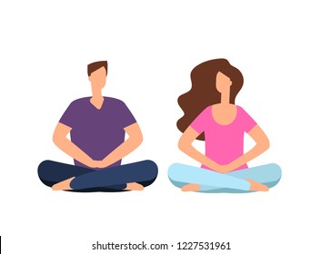 Couple in meditation. Young man, woman relaxing and meditating in yoga pose. Harmonious family relations and friendship vector concept