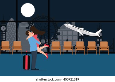 couple meet at airport landing take off departure night love farewell plane background